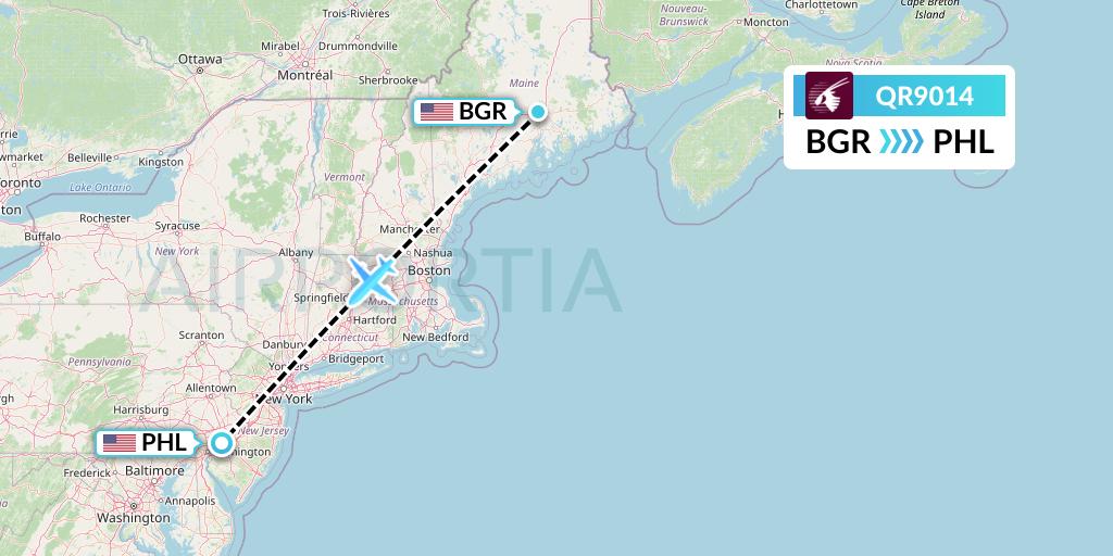 QR9014 Qatar Airways Flight Map: Bangor to Philadelphia