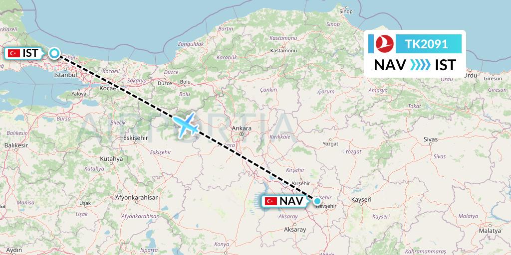 TK2091 Turkish Airlines Flight Map: Nevsehir to Istanbul