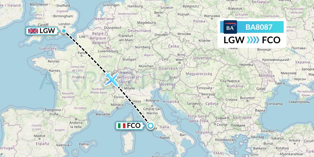 BA8087 British Airways Flight Map: London to Rome