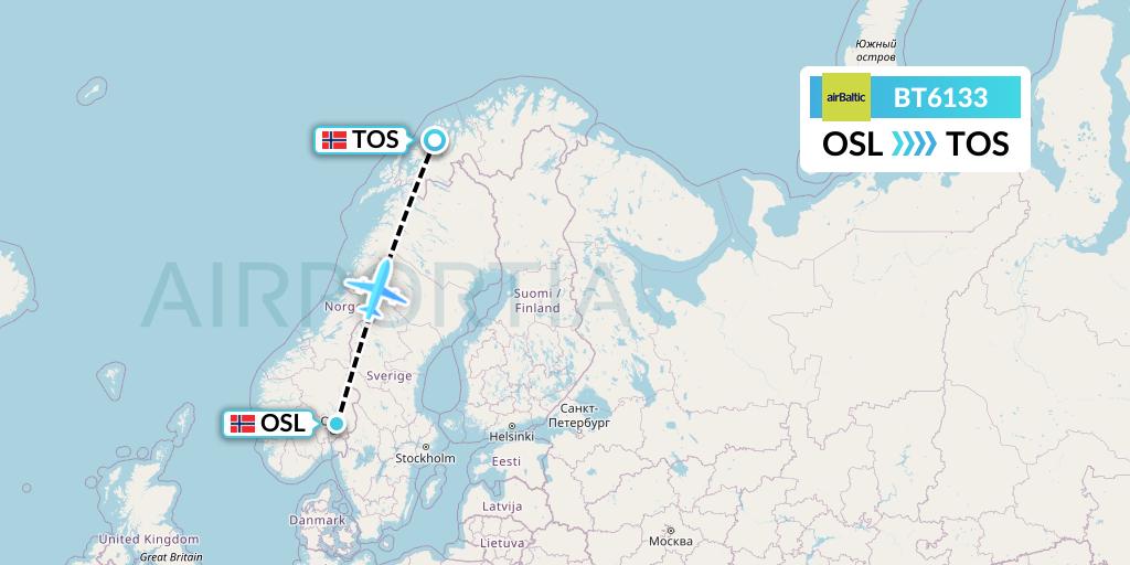 BT6133 Air Baltic Flight Map: Oslo to Tromso