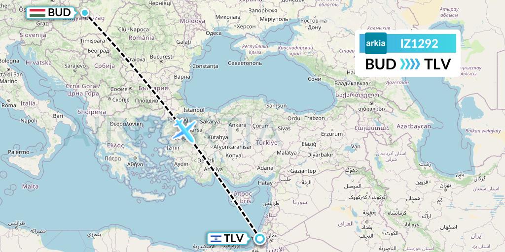 IZ1292 Arkia Israeli Airlines Flight Map: Budapest to Tel Aviv