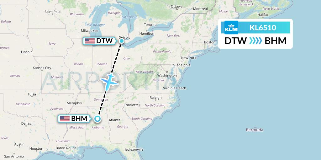 KL6510 KLM Flight Map: Detroit to Birmingham