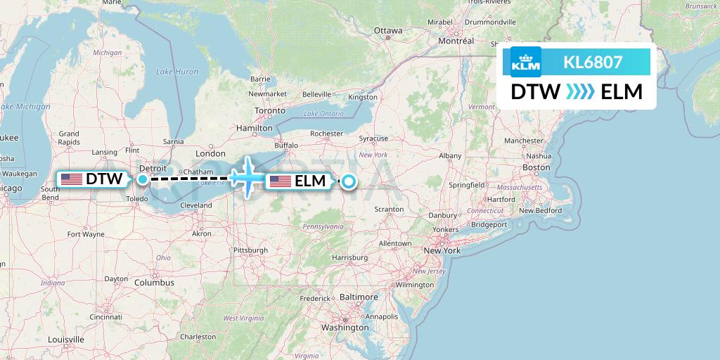 KL6807 KLM Flight Map: Detroit to Elmira