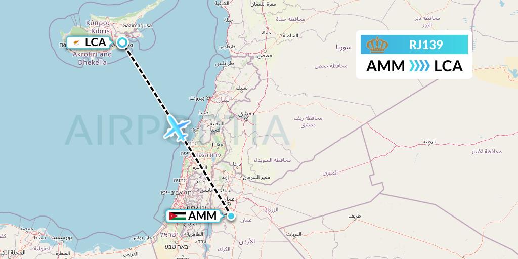 RJ139 Royal Jordanian Flight Map: Amman to Larnaca