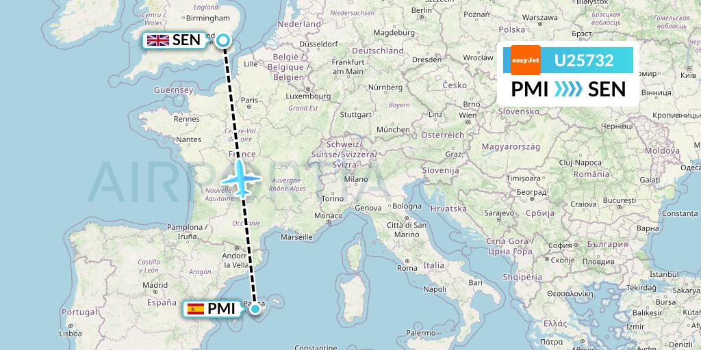 U25732 EasyJet Flight Map: Palma de Mallorca to Southend