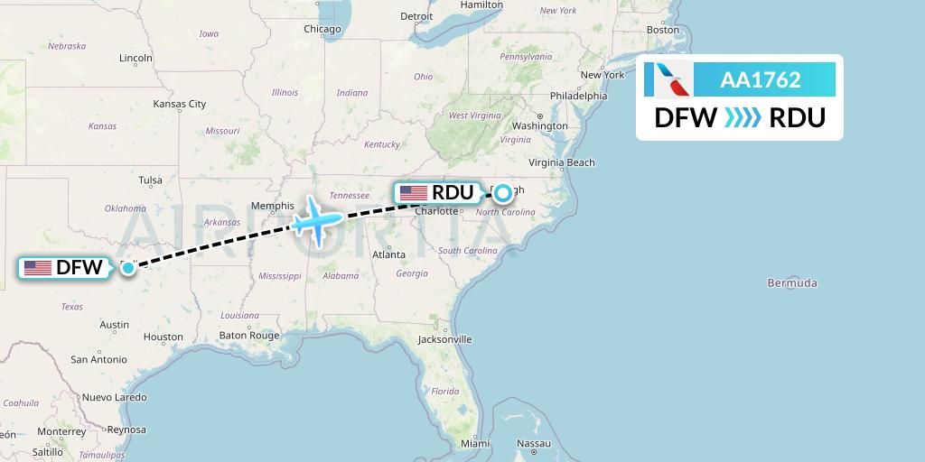 AA1762 American Airlines Flight Map: Dallas to Raleigh-Durham