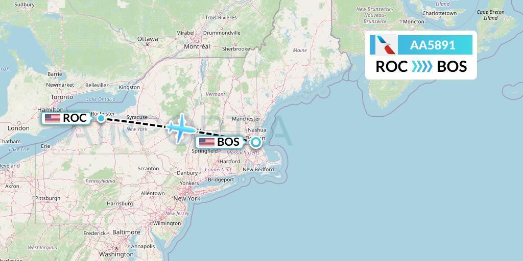 AA5891 American Airlines Flight Map: Rochester to Boston