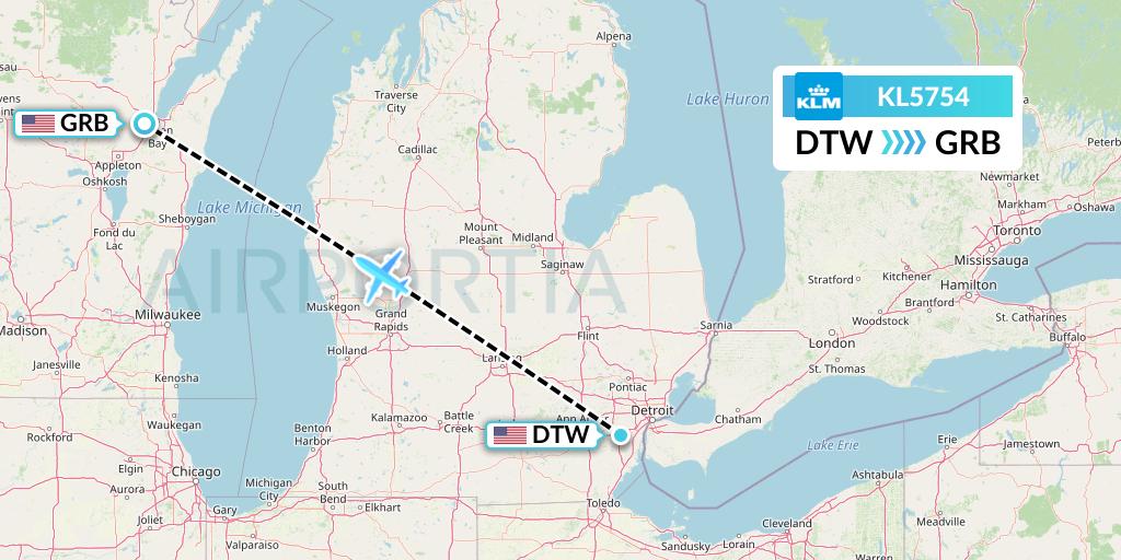 KL5754 KLM Flight Map: Detroit to Green Bay