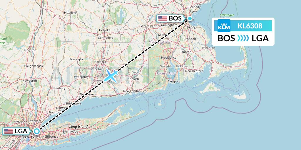 KL6308 KLM Flight Map: Boston to New York