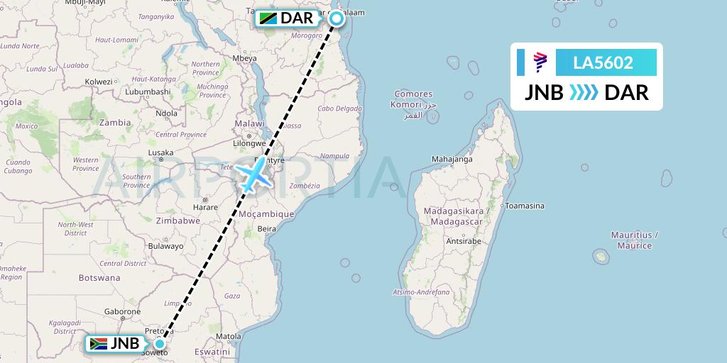 LA5602 LAN Airlines Flight Map: Johannesburg to Dar-es-Salaam