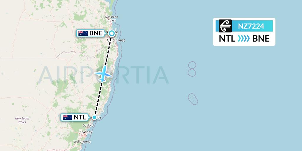 NZ7224 Air New Zealand Flight Map: Newcastle to Brisbane