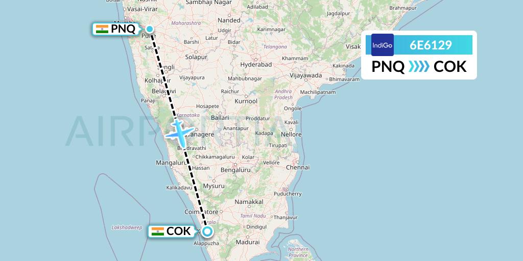 6E6129 IndiGo Airlines Flight Map: Pune to Cochin