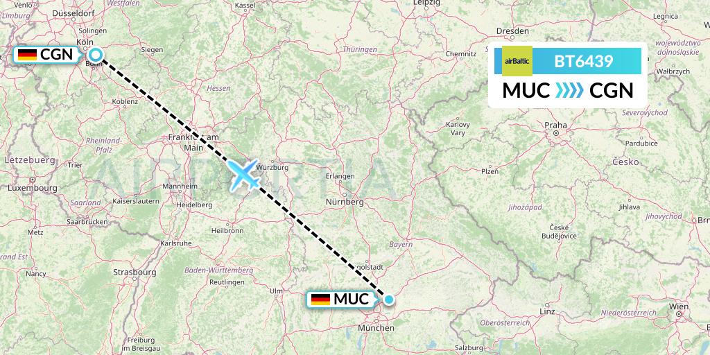 BT6439 Air Baltic Flight Map: Munich to Cologne