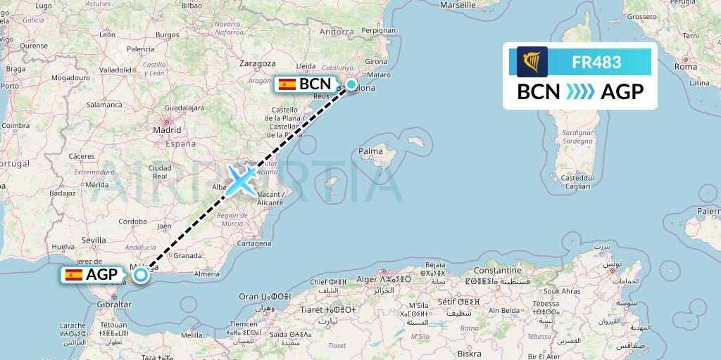 FR483 Ryanair Flight Map: Barcelona to Malaga