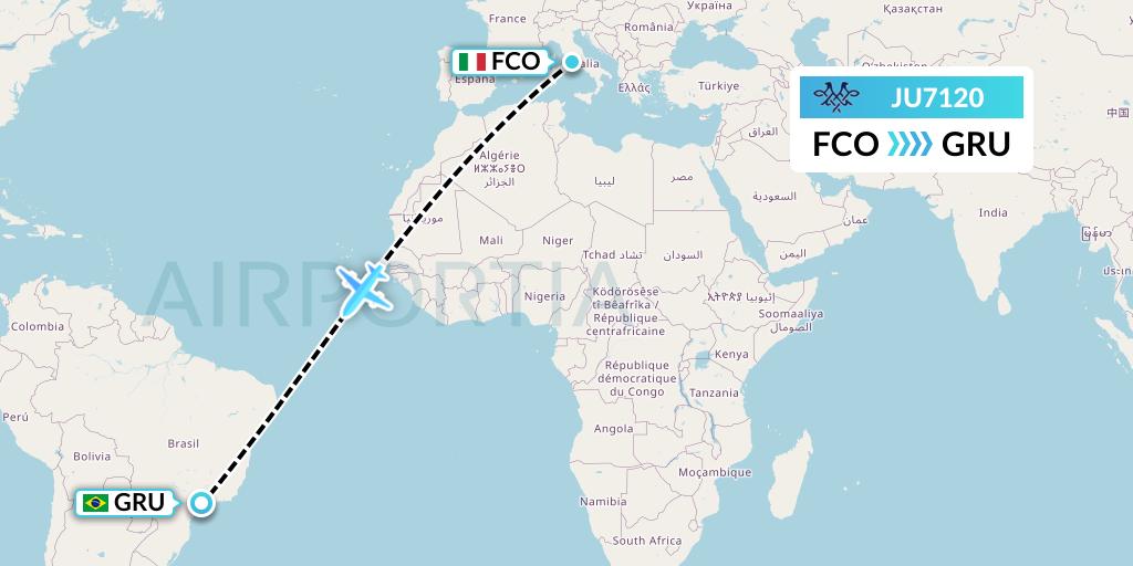JU7120 AirSERBIA Flight Map: Rome to Sao Paulo