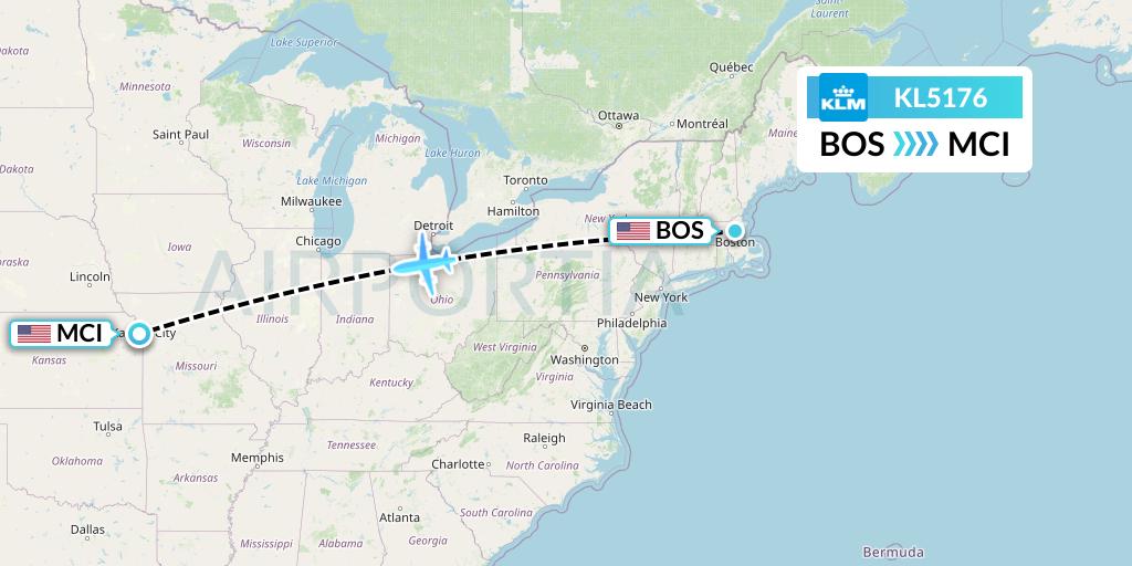 KL5176 KLM Flight Map: Boston to Kansas City