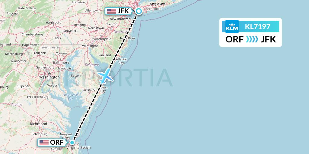 KL7197 KLM Flight Map: Norfolk to New York