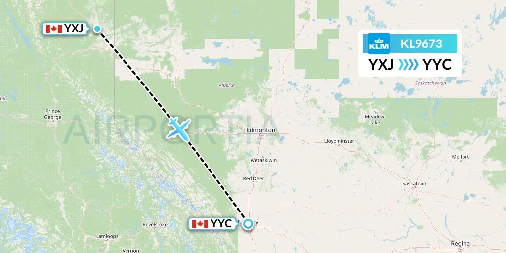 KL9673 KLM Flight Map: Fort St. John to Calgary