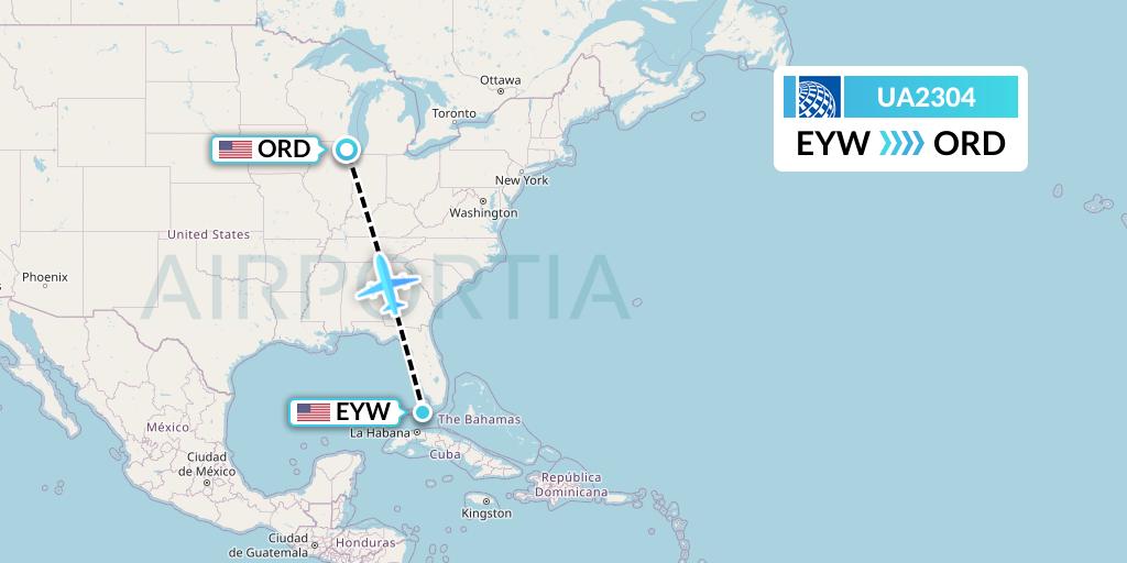 UA2304 United Airlines Flight Map: Key West to Chicago