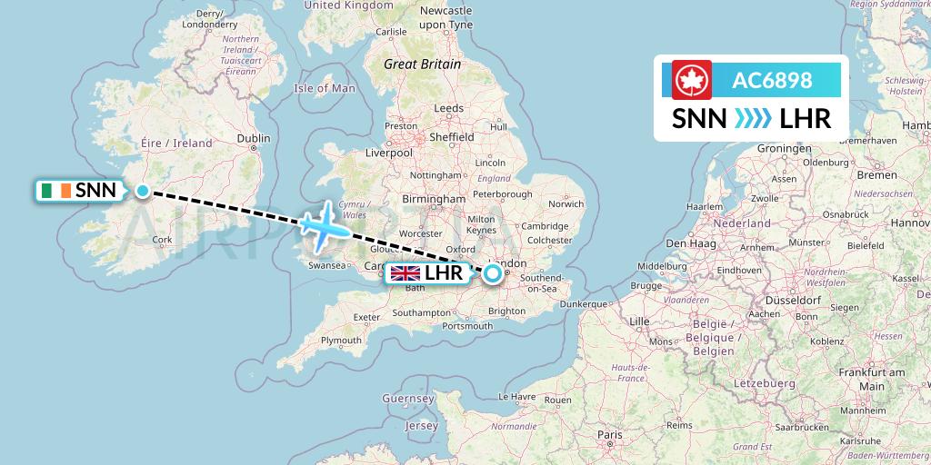 AC6898 Air Canada Flight Map: Shannon to London
