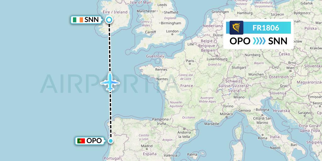 FR1806 Ryanair Flight Map: Porto to Shannon