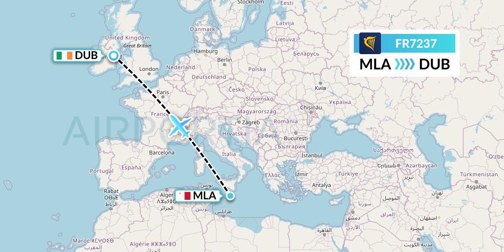 FR7237 Ryanair Flight Map: Malta to Dublin