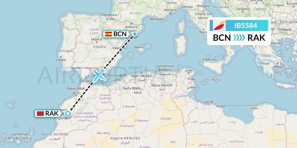 IB5584 Iberia Flight Map: Barcelona to Marrakesh