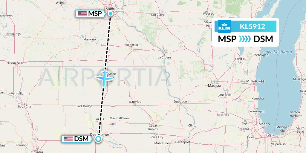 KL5912 KLM Flight Map: Minneapolis to Des Moines