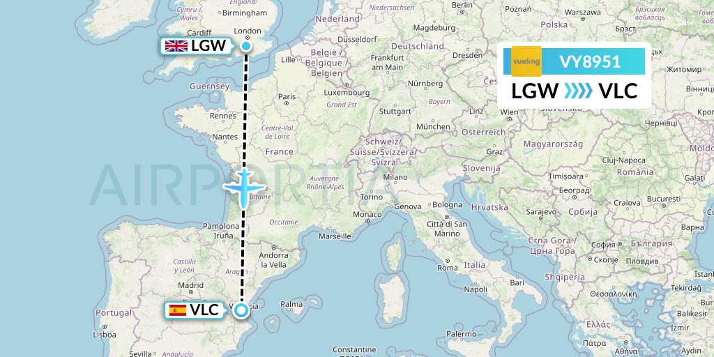 VY8951 Vueling Flight Map: London to Valencia