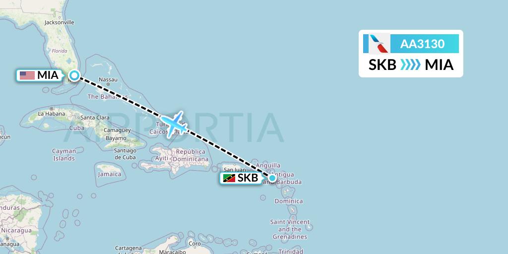 AA3130 American Airlines Flight Map: Basseterre to Miami