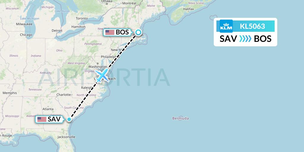 KL5063 KLM Flight Map: Savannah to Boston