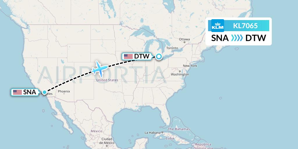 KL7065 KLM Flight Map: Orange County to Detroit