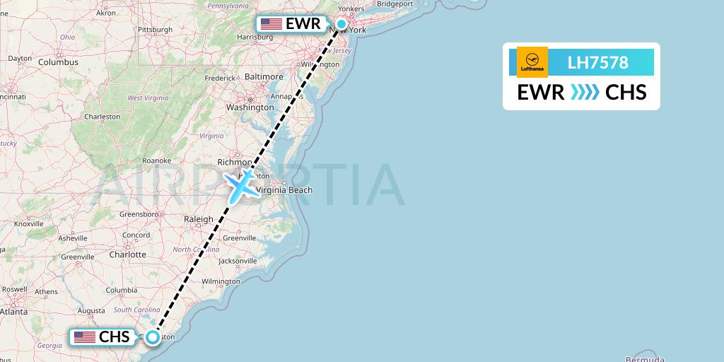 LH7578 Lufthansa Flight Map: New York to Charleston