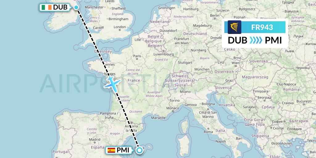 FR943 Ryanair Flight Map: Dublin to Palma de Mallorca