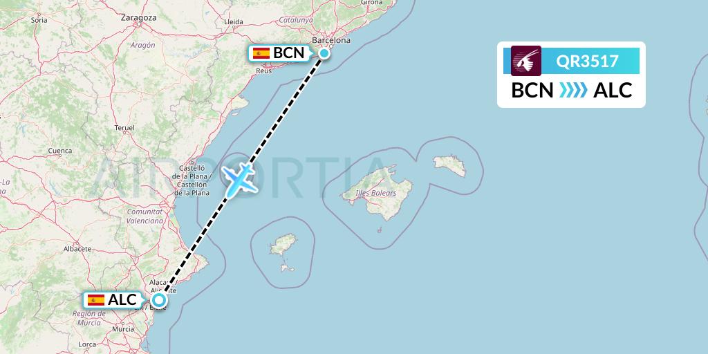 QR3517 Qatar Airways Flight Map: Barcelona to Alicante