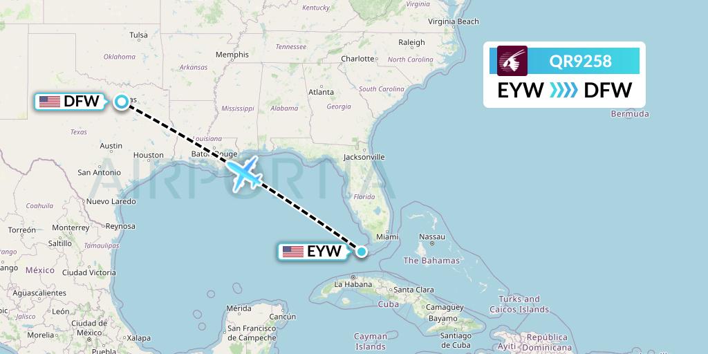 QR9258 Qatar Airways Flight Map: Key West to Dallas