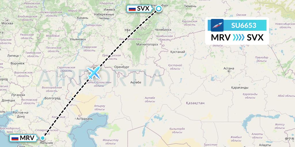 SU6653 Aeroflot Flight Map: Mineralnye Vody to Yekaterinburg