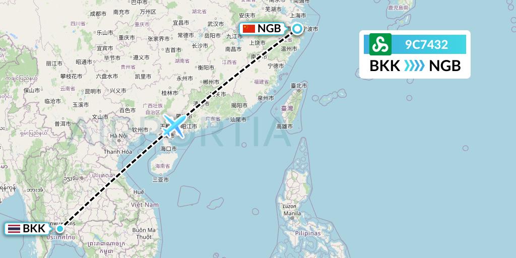 9C7432 Spring Airlines Flight Map: Bangkok to Ningbo