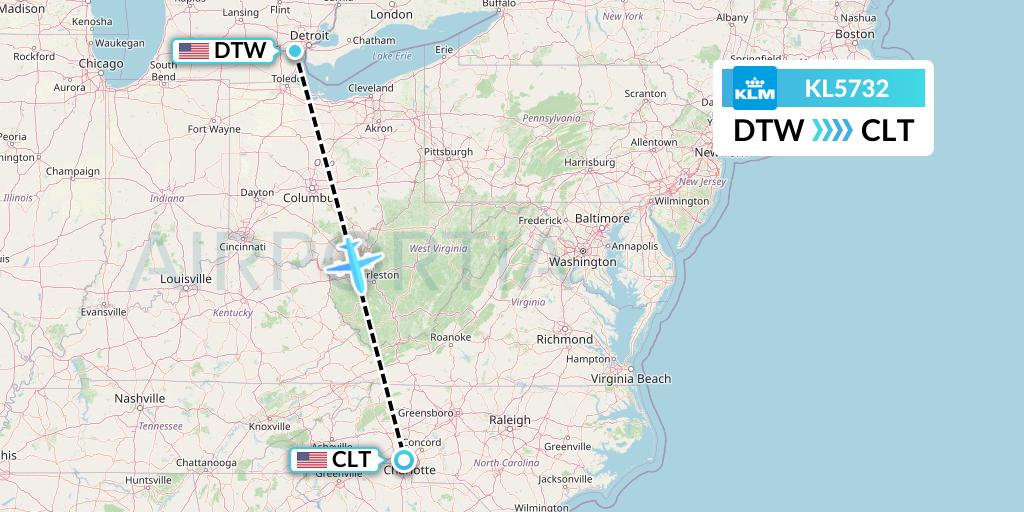 KL5732 KLM Flight Map: Detroit to Charlotte