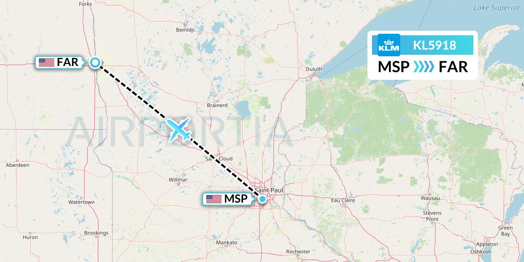KL5918 KLM Flight Map: Minneapolis to Fargo