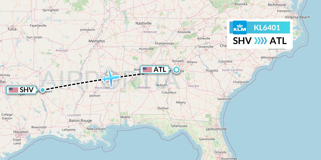 KL6401 KLM Flight Map: Shreveport to Atlanta