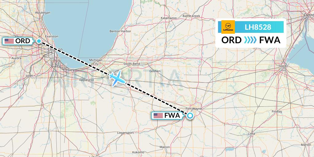 LH8528 Lufthansa Flight Map: Chicago to Fort Wayne