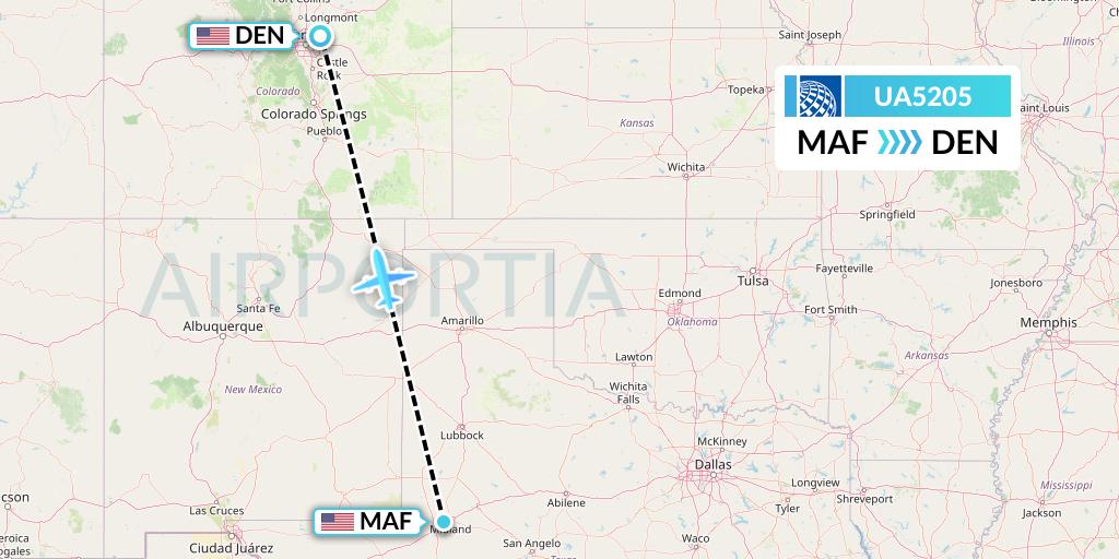 UA5205 United Airlines Flight Map: Midland to Denver