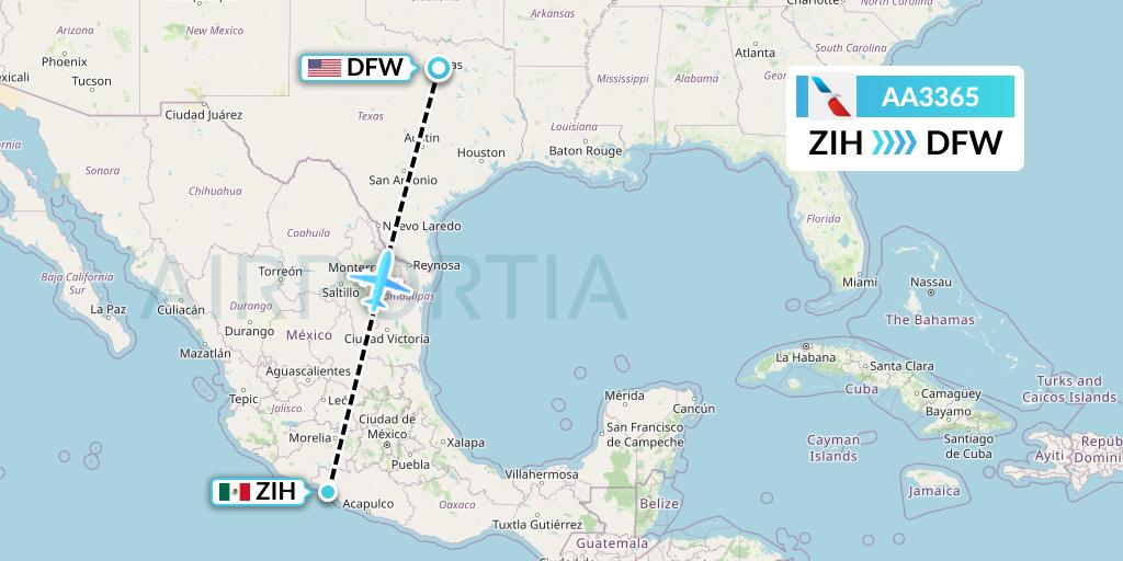 AA3365 American Airlines Flight Map: Zihuatanejo to Dallas