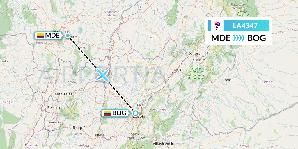 LA4347 LAN Airlines Flight Map: Medellin to Bogota