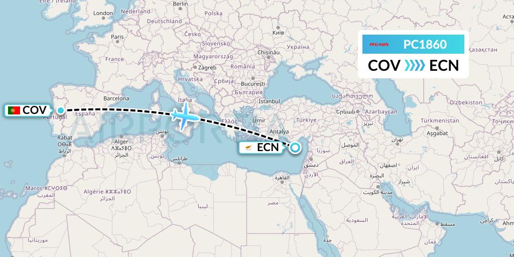 PC1860 Pegasus Airlines Flight Map: Portugal to Tymvou