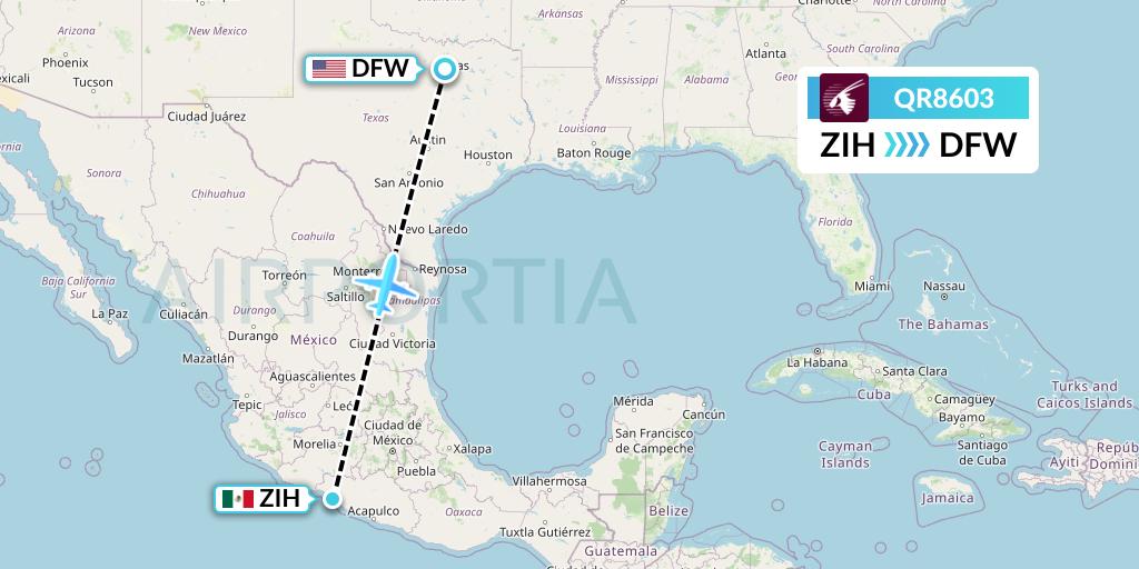 QR8603 Qatar Airways Flight Map: Zihuatanejo to Dallas