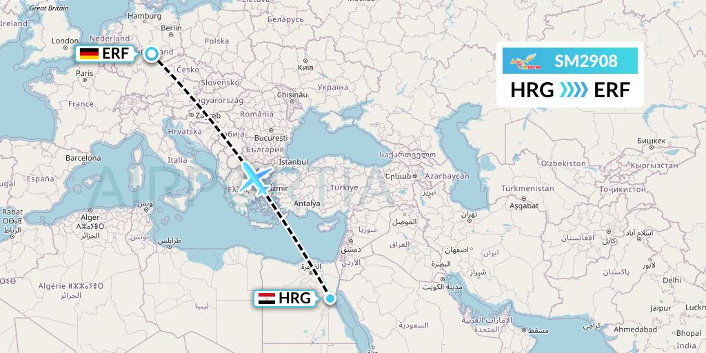SM2908 Air Cairo Flight Map: Hurghada to Erfurt