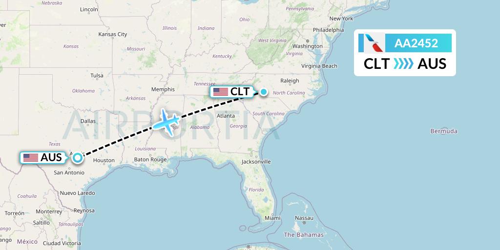 AA2452 American Airlines Flight Map: Charlotte to Austin