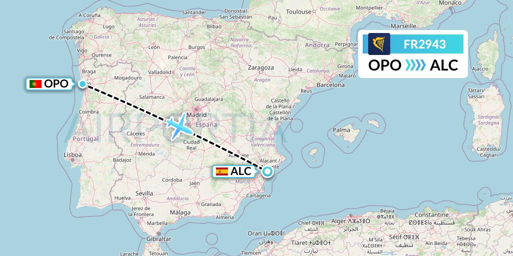 FR2943 Ryanair Flight Map: Porto to Alicante